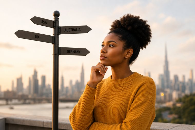 A woman looking thoughtfully at a signpost pointing to USA, UK, Australia and Germany, city skyline behind her