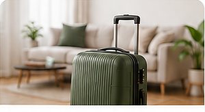 A packed suitcase in a cozy living room, ready for relocation