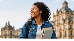A smiling student carrying books and a backpack in front of a university campus