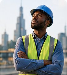 A construction worker in a hard hat and hi-vis vest, city skyline behind him